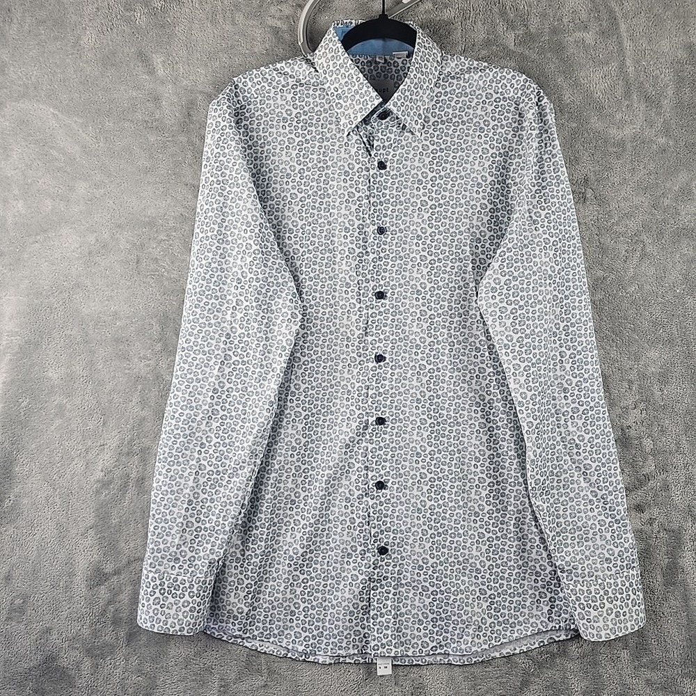 Haupt Germany Shirt Mens Medium White Blue Burst Geometric Long Sleeve Button Up